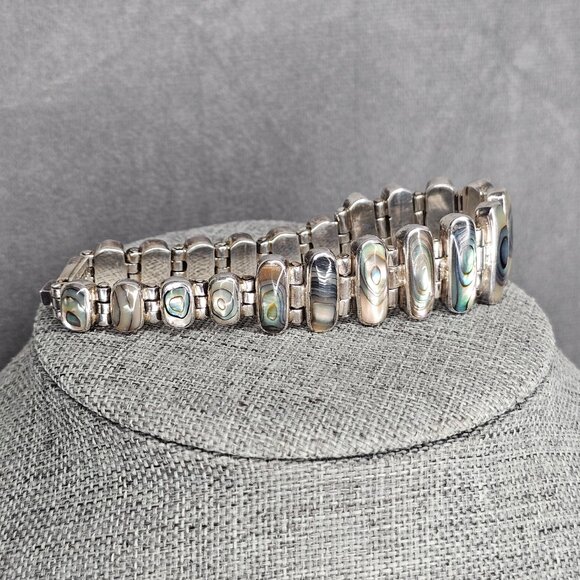 Vintage Mexico 950 Silver & Abalone Shell Link Bracelet 7.5" Signed J-13 - Picture 3 of 6